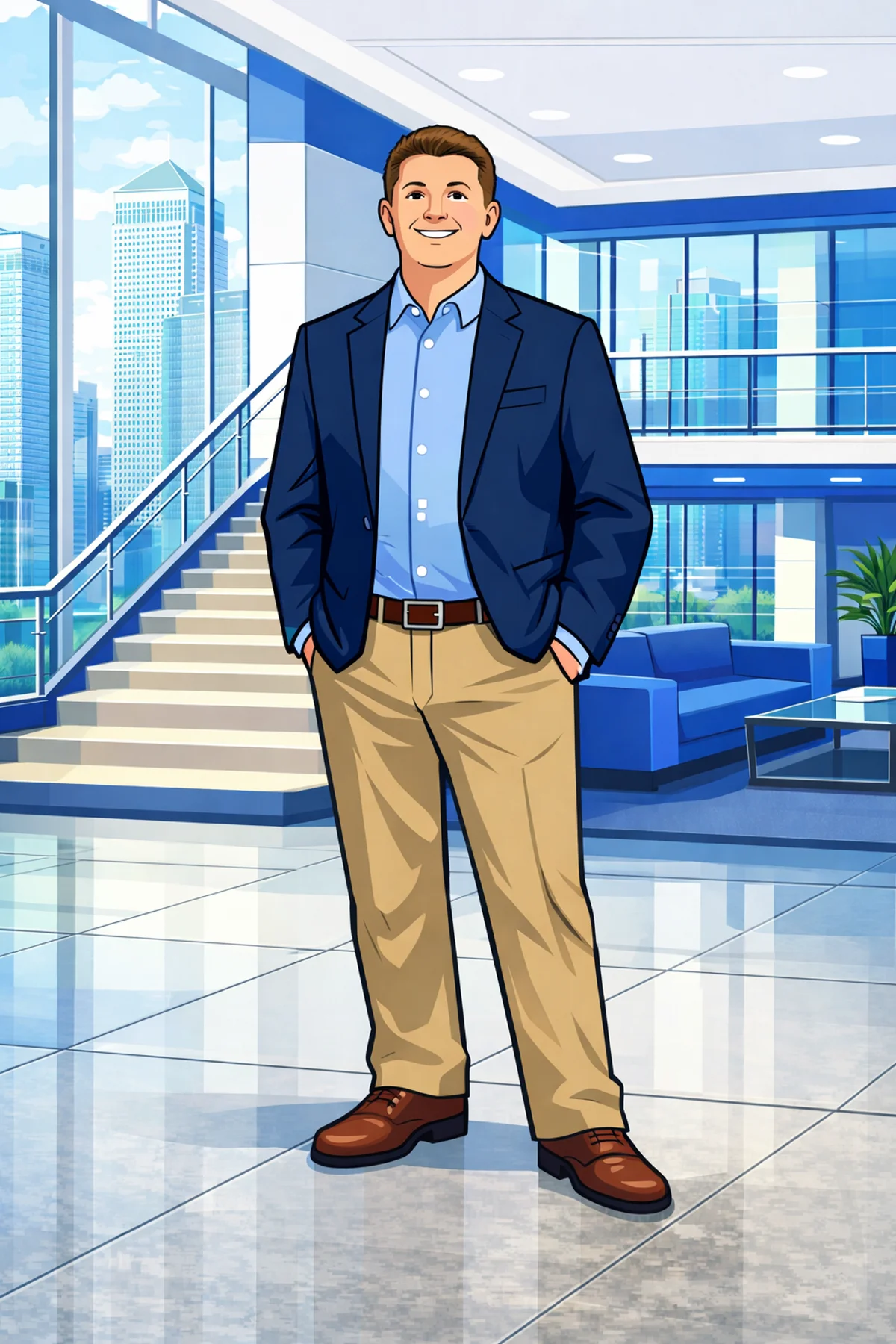 Illustrated portrait of Mark Shelley in business attire, standing in a modern office with a city skyline view.